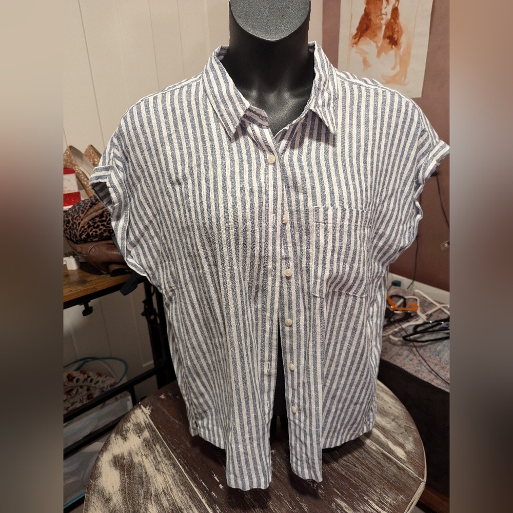 Orvis Button down striped Linen and rayon blend shirt size large